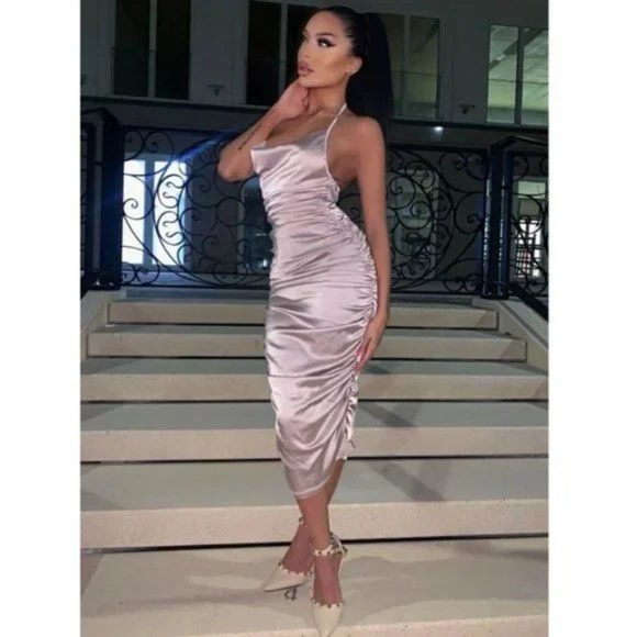 Nude Satin Sleeveless Halter Neck Cowl Neck Backless Ruched Bodycon Midi Dress - Picture 9 of 17